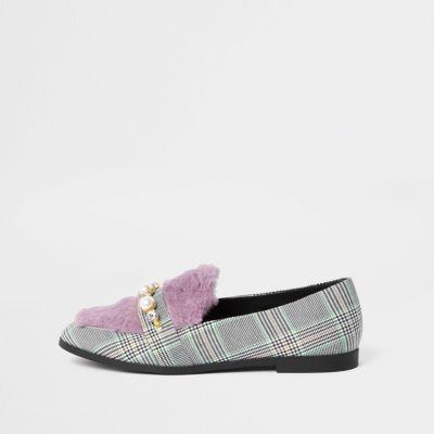 River Island Womens Check Faux Fur Loafers