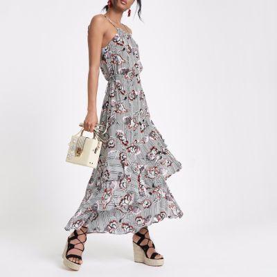 River Island Womens Floral Stripe High Neck Maxi Dress