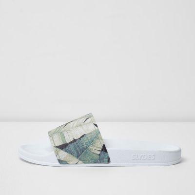 River Island Mens White Jungle Leaf Print Sliders