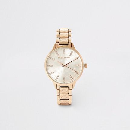 River Island Womens Rose Gold Diamante Ri Embossed Strap Watch