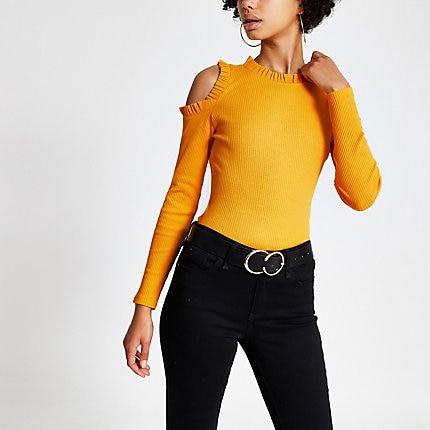 River Island Womens Frill Cold Shoulder Ribbed Top
