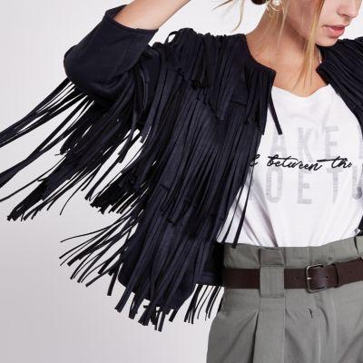 River Island Womens Petite Faux Suede Fringe Jacket