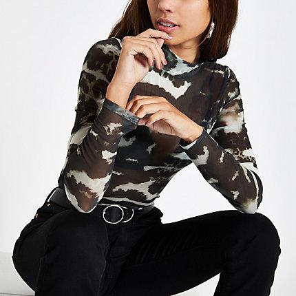 River Island Womens Camo Print Mesh Top