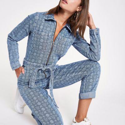 River Island Womens Denim Ri Monogram Jumpsuit