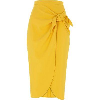 River Island Womens Yellow Tie Front Pencil Skirt