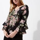 River Island Womens Petite Floral Frill Sleeve Tie Back Top