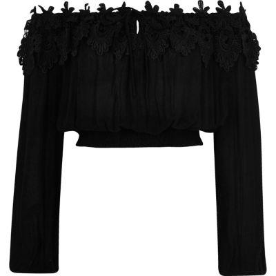 River Island Womens Lace Bardot Long Sleeve Crop Top