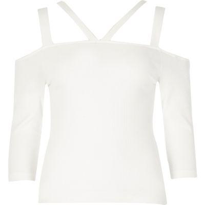 River Island Womens White Ribbed Strappy Neck Bardot Top
