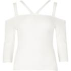 River Island Womens White Ribbed Strappy Neck Bardot Top