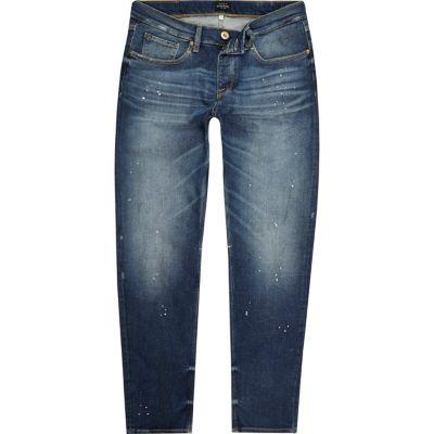 River Island Mensblue Paint Splatter Jimmy Slim Tapered Jeans