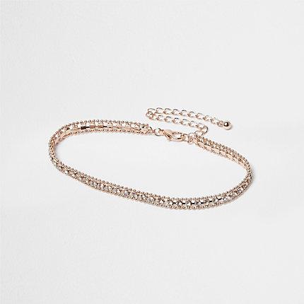 River Island Womens Rose Gold Tone Rhinestone Embellished Anklet