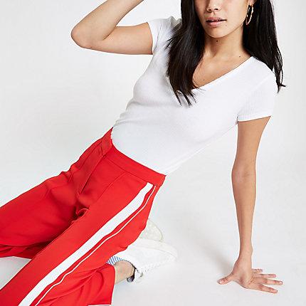 River Island Womens White Ribbed V Neck Fitted T-shirt