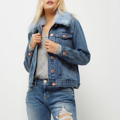 River Island Womens Petite Faux Fur Trim Denim Jacket
