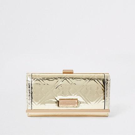 River Island Womens Gold Metallic Ri Embossed Clip Top Purse