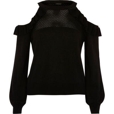 River Island Womens Petite Knit Frill Cold Shoulder Top
