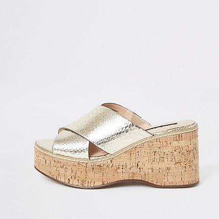 River Island Womens Gold Metallic Cross Vamp Wedges