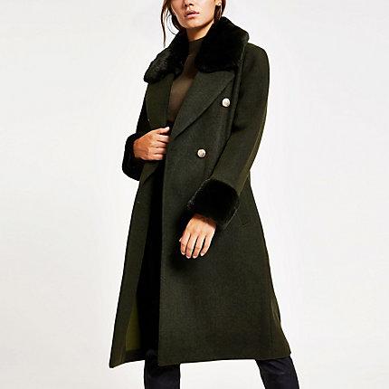 River Island Womens Petite Kahki Faux Fur Trim Belted Coat
