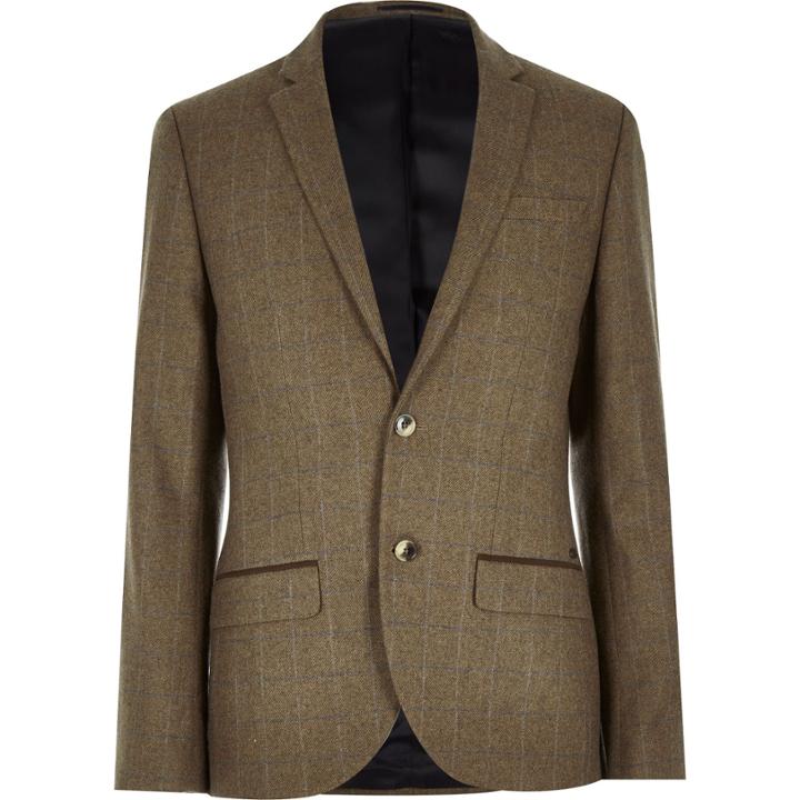 River Island Mensbrown Wool-blend Check Slim Blazer
