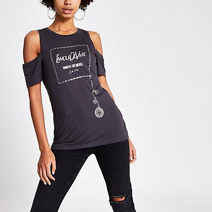 River Island Womens Printed Cold Shoulder T-shirt