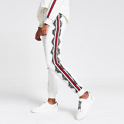 River Island Womens White Lace And Tape Side Joggers
