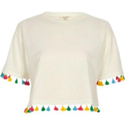 River Island Womens White Tassel Trim Cropped T-shirt