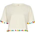 River Island Womens White Tassel Trim Cropped T-shirt