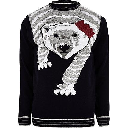 River Island Mens Slim Fit Polar Bear Christmas Jumper