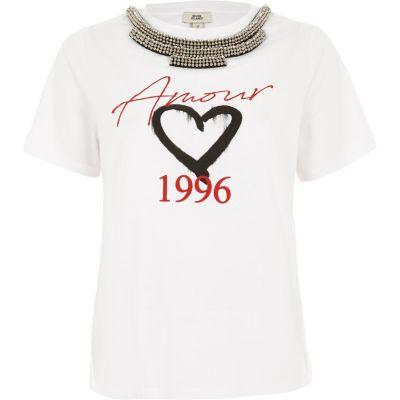 River Island Womens White 'amour' Necklace Embellished T-shirt