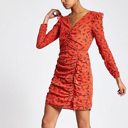 River Island Womens Floral Print Ruched Mini Dress