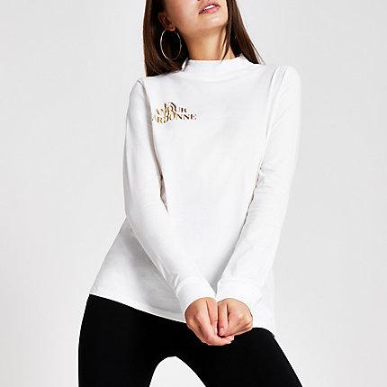 River Island Womens White High Neck Foil Print T-shirt