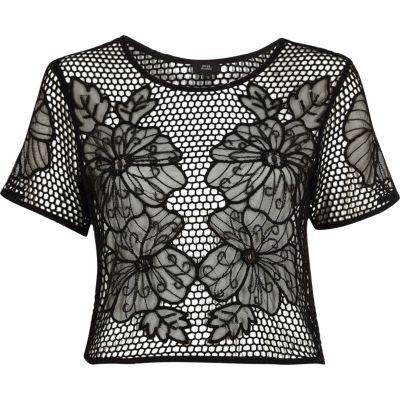 River Island Womens Petite Open Mesh Embellished T-shirt