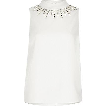 River Island Womens Petite White Embellished High Neck Top