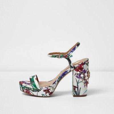 River Island Womens White Floral Print Rhinestone Platform Sandals