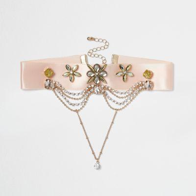 River Island Womens Satin Embellished Chain Drop Choker