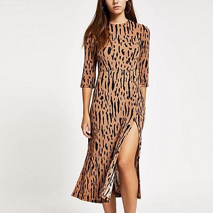 River Island Womens Petite Print Thigh Split Midi Dress