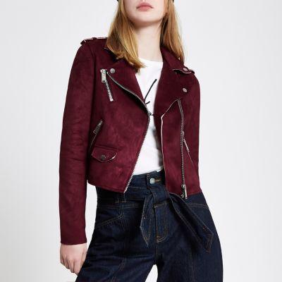 River Island Womens Oxblood Faux Suede Biker Jacket
