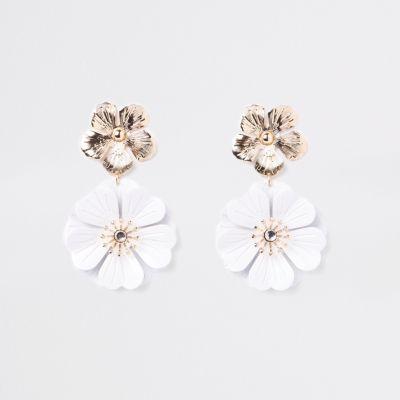 River Island Womens White Double Flower Drop Earrings