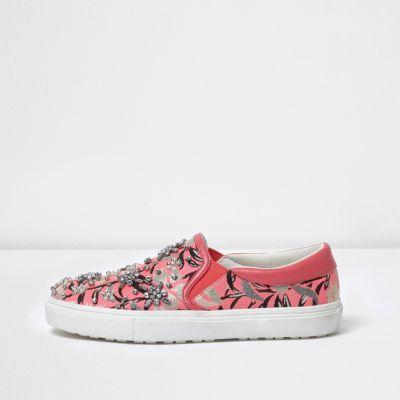 River Island Womens Print Embellished Slip On Plimsolls
