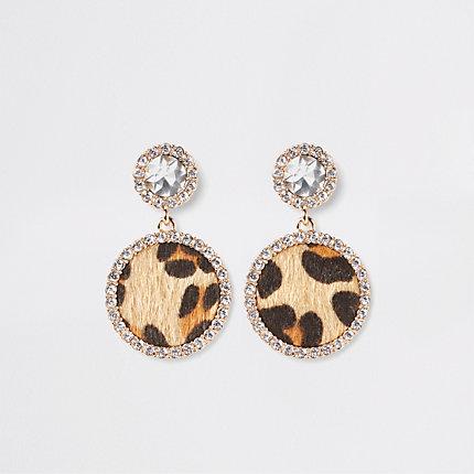 River Island Womens Gold Leopard Print Diamante Drop Earrings