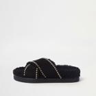 River Island Womens Shearling Footbed Studded Sliders