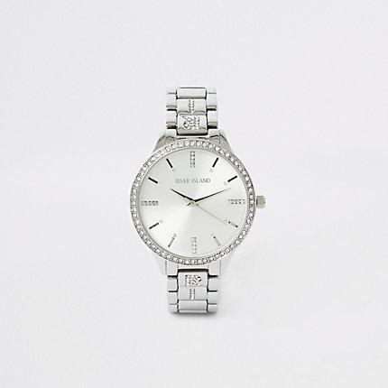 River Island Womens Silver Diamante Chain Ri Paved Strap Watch