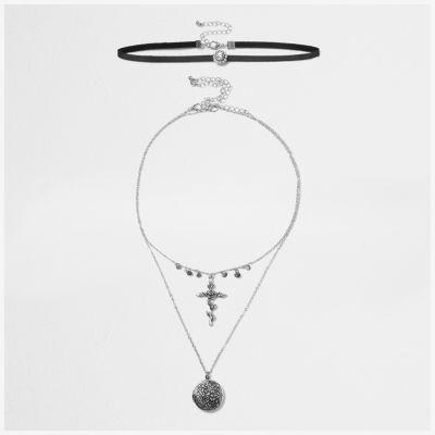 River Island Womens Silver Tone Multi Row Charm Cross Choker Set