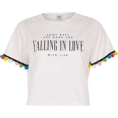 River Island Womens White 'falling In Love' Print Pom Pom T-shirt