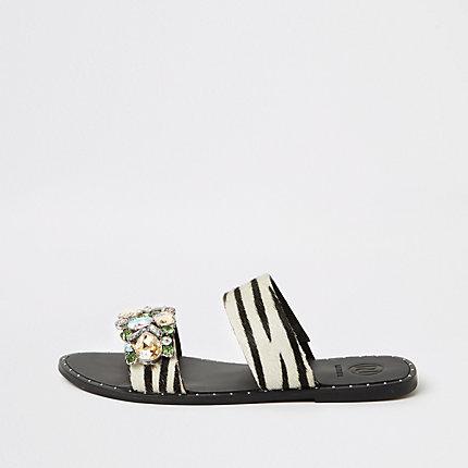 River Island Womens Leather Zebra Print Gem Flat Mules