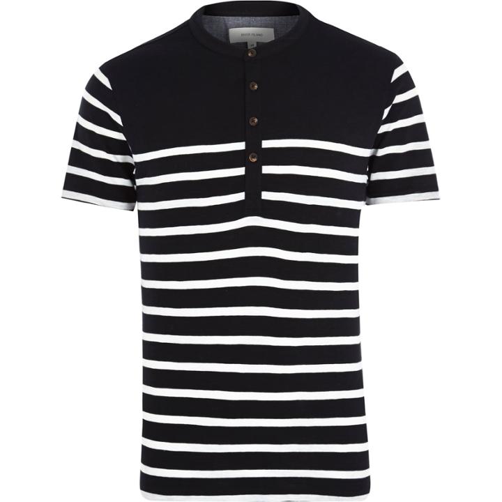 River Island Mensblack Breton Stripe Grandad T-shirt