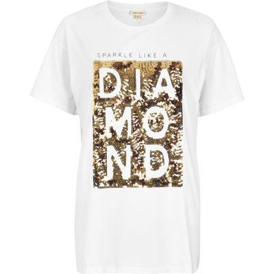 River Island Womens Petite White Sequin Slogan Boyfriend T-shirt