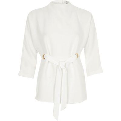 River Island Womens White Eyelet Tie Up Front High Neck Top