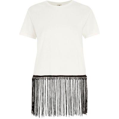 River Island Womens White Contrast Fringe Hem T-shirt