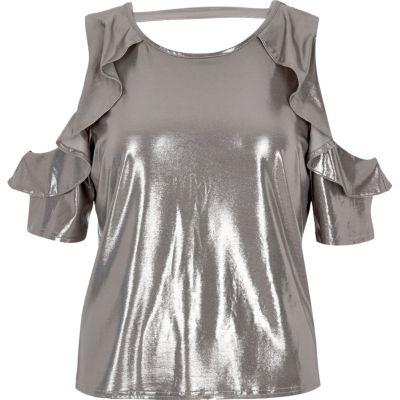 River Island Womens Silver Frill Cold Shoulder Top