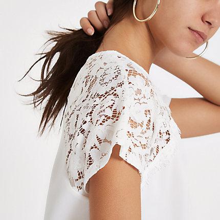 River Island Womens White Round Neck Lace Trim Top